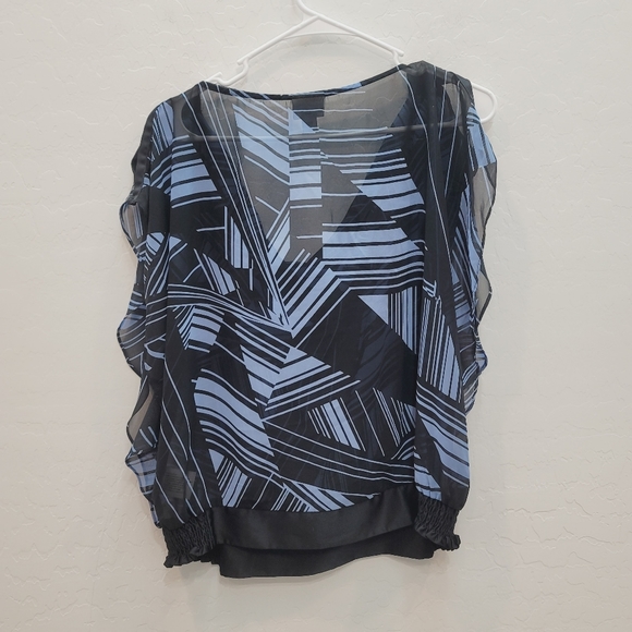 💕 Worthington Blue & Black Semi Sheer Blouse Top Women's Size Large Petite - Picture 8 of 10